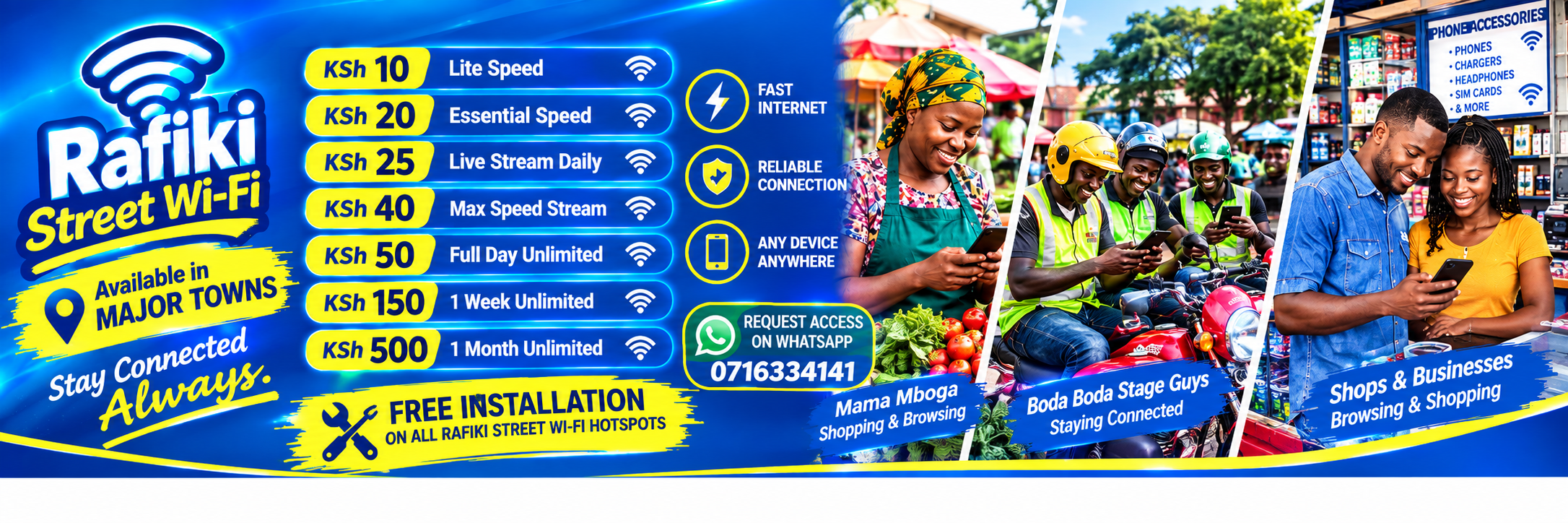 Rafiki Street Wi-Fi hotspot prices with Mama mboga, boda boda stage users, and a couple browsing on phones